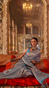 Blue and Gold Handloom Zari Weaving Kanchi Soft Silk Saree